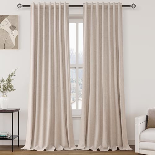 Oatmeal Linen 100% Black Out Curtains 108 Inches Long 2 Panels Set for