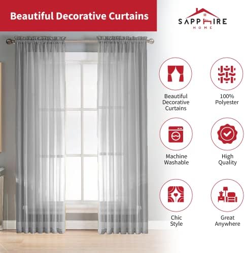 Sapphire Home Gray/Sage Sheer Curtains - 63 Inches Length, 2 Panels