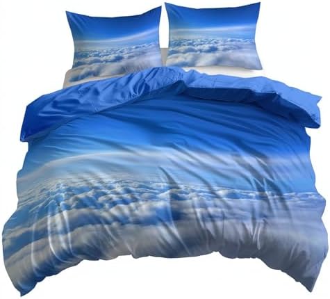 California King Duvet Cover Set Modern Blue Sky White Clouds Soft