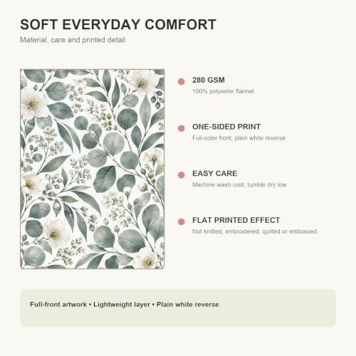 Grey Floral Eucalyptus Leaves Print Throw Blanket, Soft Lightweight