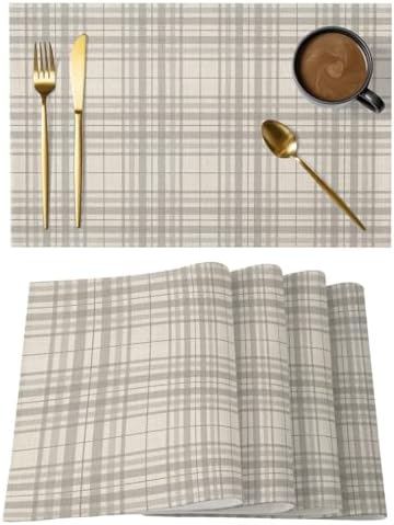 Round Placemats Set of 12 Industrial Checked Place Mats Neutral Gray