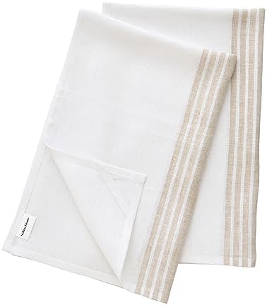 Solino Home 100% Linen Kitchen Towels, 17 x 26 in, Natural Stripe, Set