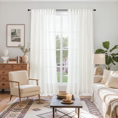 YoungsTex Extra Long Linen Semi Sheer Curtains 108 Inch Length - Ivory
