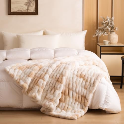 YUSOKI 1000GSM Bubble Faux Rabbit Fur Throw Blanket, Taupe Tie-Dye