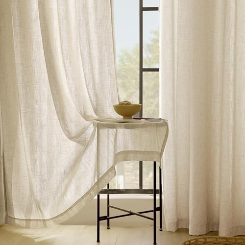 Greyish Beige Linen Curtain 84 inch Length 2 Panels Set Back Tab Light