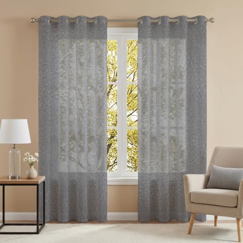 Gray Grain Texture Sheer Curtains 63 Inch Long 2 Panels, Vintage