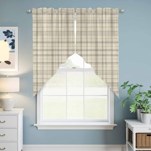Beige Grid Gingham Swag Valance Curtains Abstract Modern Minimalist