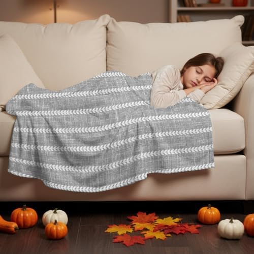 Flannel Fleece Blanket 60" x 80", Light Gray Striped Microfiber Cozy