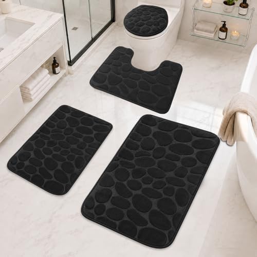 Black Memory Foam Bathroom Rugs Set 4 Piece, Ultra-Soft Velvet Memory