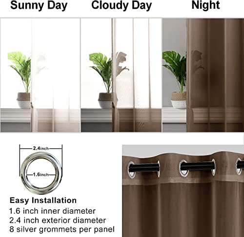 Hiasan Grommet Sheer Curtains with Tiebacks, Brown, W52 x L96, 2