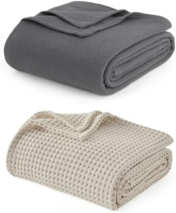 Bedsure Dark Grey Woven Blanket and Beige Linen Waffle Weave