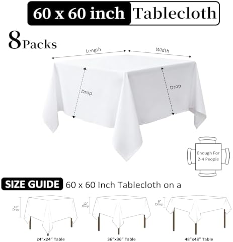 8 Pack White Tablecloth 60 x 60 Inch Square