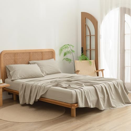 BESTOUCH 100% Washed Cotton Linen Feel Sheet Set, Almond Milk Grey