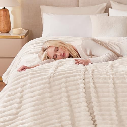 EXQ Home Beige Cozy Fleece King Blanket Stripe for Bed, Sofa & Travel