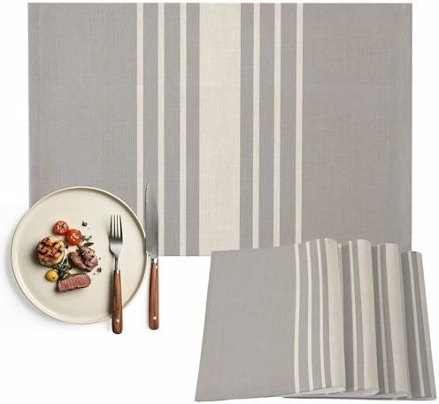 Placemats Set of 6, Beige Striped Cotton Linen Place Mats, Grey