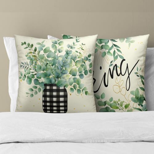 Spring Eucalyptus Leaf Pillowcase Set of 2 Black and White Plaid Decor