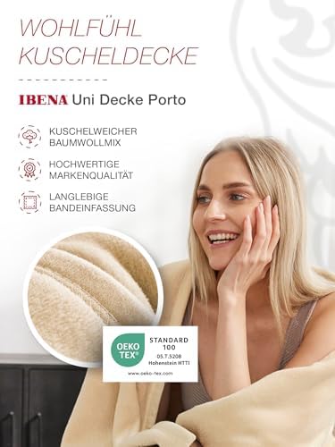 IBENA Plush Solid Color Cotton Blend Queen Bed Blanket Porto - Cream