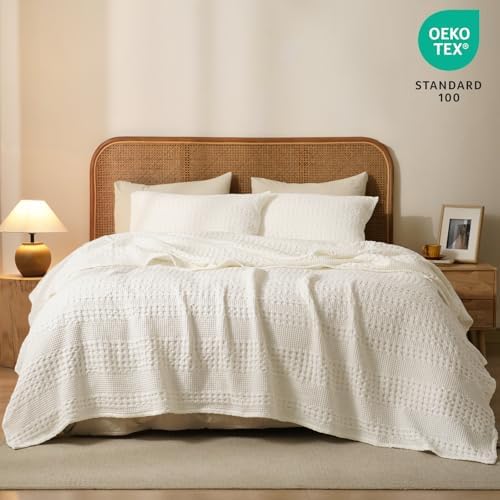 PHF Lightweight 100% Cotton Waffle Blanket for Bed, Queen, Ivory