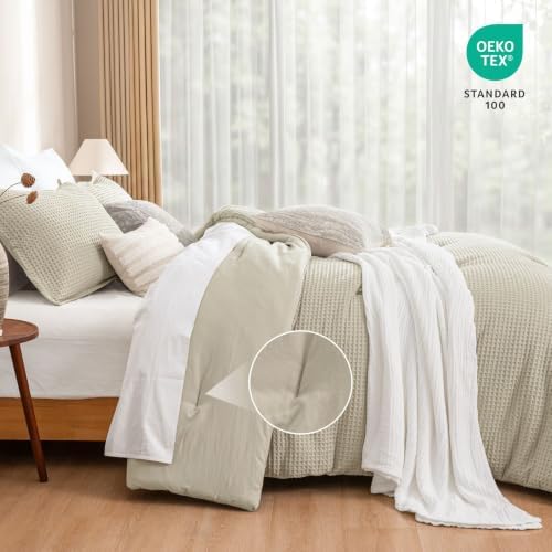PHF Ultra Soft Waffle Comforter Set 3 Pieces California King, Linen