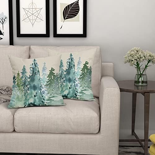 Watercolor Blue Green Tree Pillow Covers 22x22 Set of 2 Rustic Style
