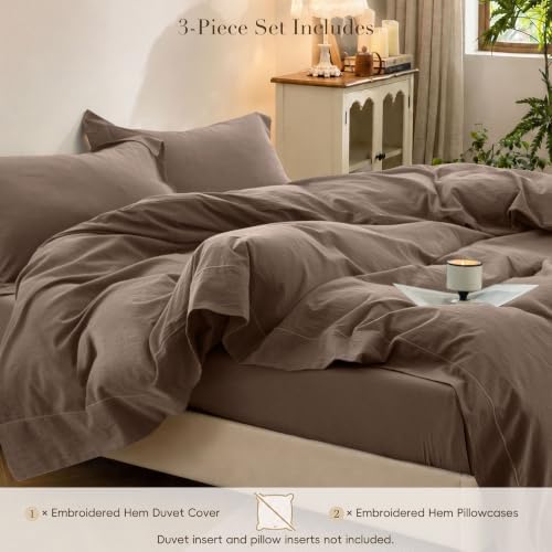 Duvet Cover Set Washed Cotton Embroidered Hem Queen 3‐Pcs