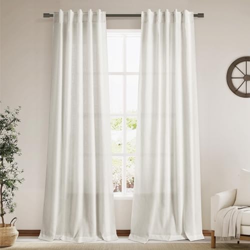 Cream Linen Curtains Back Tab Sheer Curtains 90 Inches Long for Living