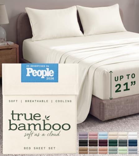 TRUE BAMBOO Sheets Set King Size - 21” Extra Deep Pocket - Light Beige