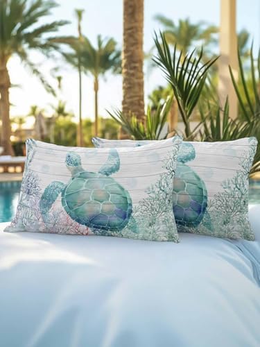 Throw Pillows 12x20 Set of 2, Teal Sea Turtle Waterproof Outdoor