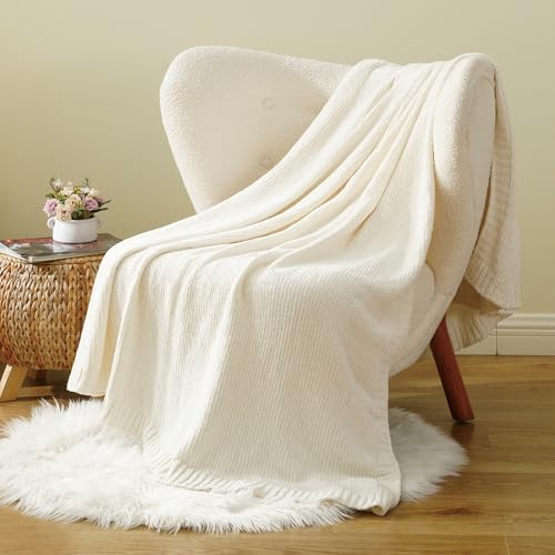 Chenille Throw Blanket for Couch, Knit Throw Blanket 51"x67", Ivory