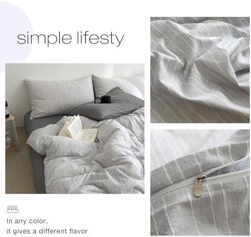 3Pcs Vintage Gray Striped Duvet Cover Set King Size Retro Textured