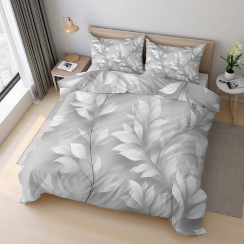 Grey Leaves Bedding King Duvet Cover, Botanical Bedroom Decor