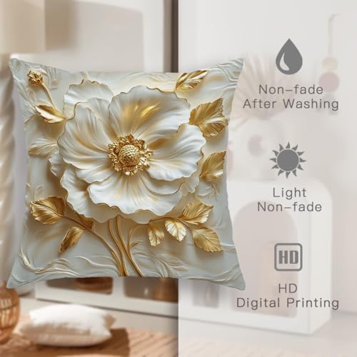 Elegant Floral Throw Pillow Covers Set of 2, Cream White and Gold