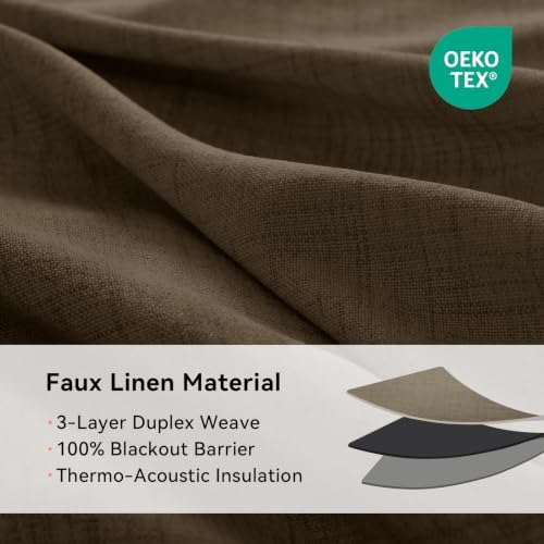 100% Blackout Linen Curtains 96 Inch Long 2 Panels Set, Dark Brown