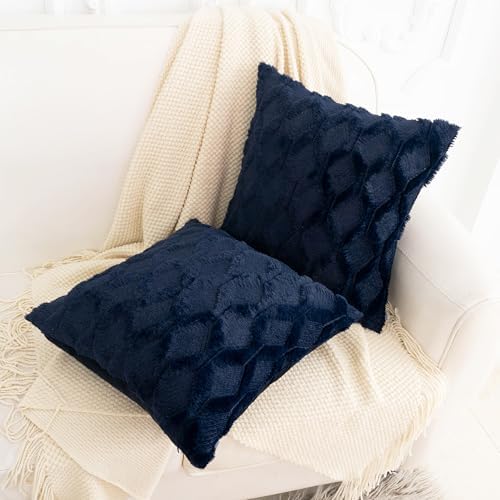 Faux Fur Plush Soft Navy Blue Throw Pillow Covers 18x18 Pack of 2