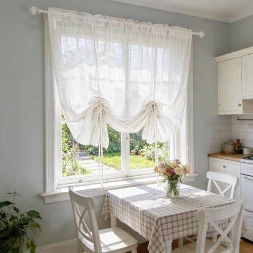 1 Panel Beige Striped Tie-up Linen Curtain with Crocheted Lace Trim