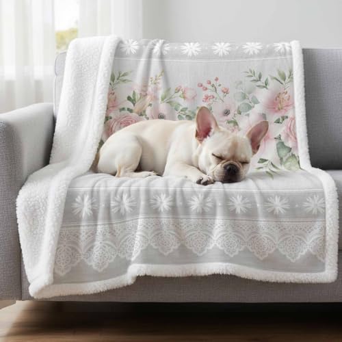 Fleece Sherpa Bed Blankets, Pink Flowers Microfiber Plush Flannel