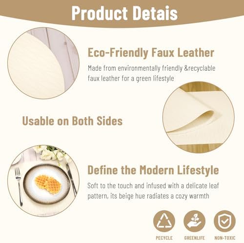 Placemats Set of 6 Double-Sided Faux Leather Leaf Design Oval