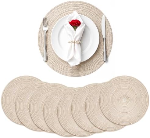 TaroKitc 15 in Round Placemats Set of 8, Washable Woven Placemats Heat