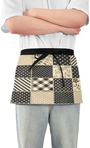 Gingham Patchwork Black Beige Server Aprons with 3 Pockets, Water