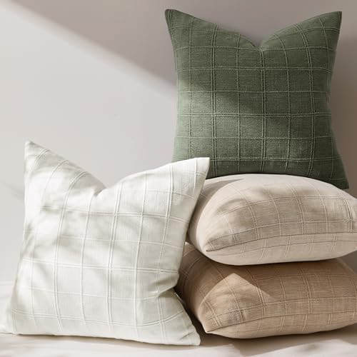 Set of 2 Linen Plaid Pillow Covers 18x18 Inch, Light Olive Green