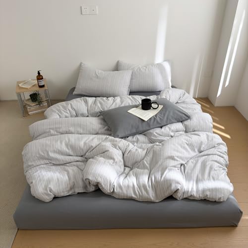 3Pcs Vintage Gray Striped Duvet Cover Set King Size Retro Textured