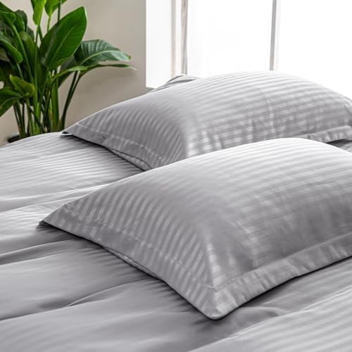 Hotel Duvet Cover King Size Grey Satin Pin Striped 3 Piece Set