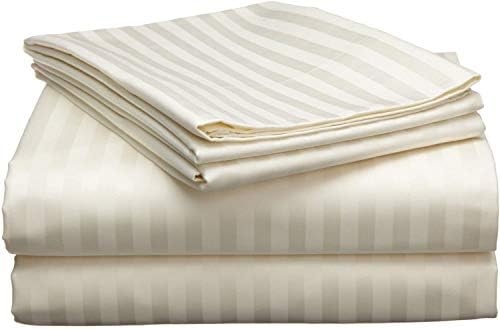 SKS Linen- 400 Thread Count Ivory Stripe(King) Bed-Sheet Set-Highly