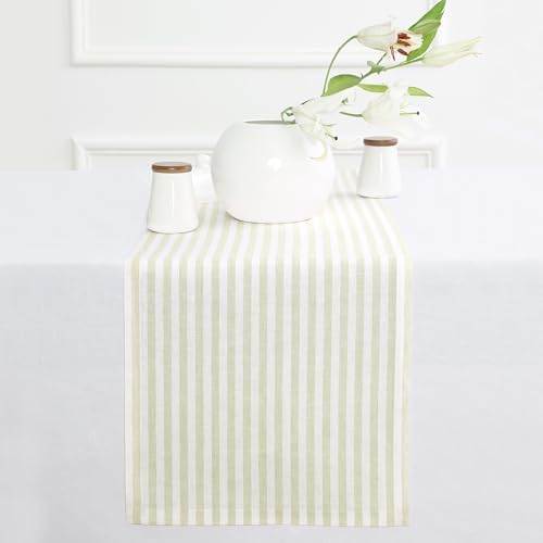 Solino Home 100% Pure Linen Table Runner, 14 x 90 in, Sage and White