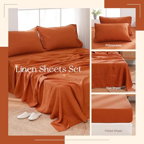 Linen World King Size Linen Sheet Set – 4Pcs Solid Color 100% Natural