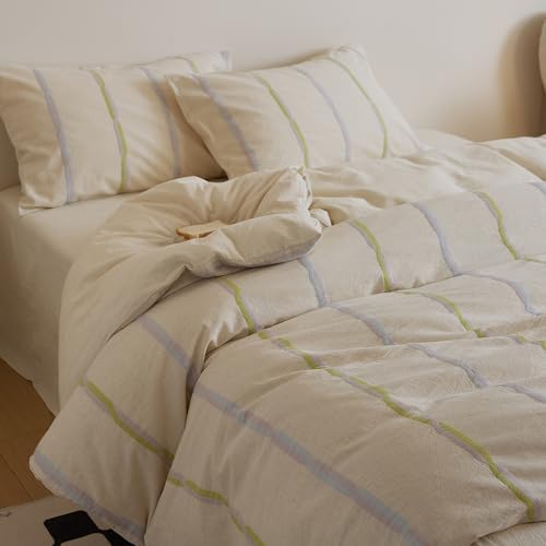 Striped Twin Size Duvet Cover Cotton Linen Cream Comforter Cover Twin