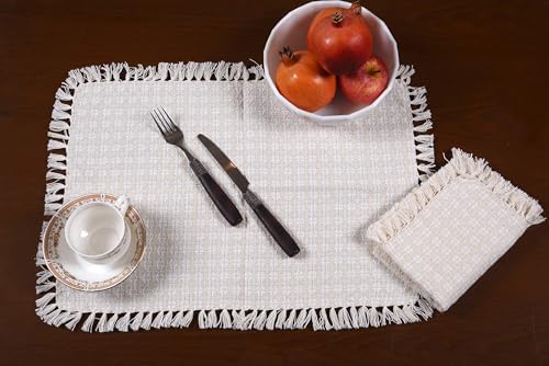 Set of 4 Placemats, Natural/Ivory Woven Fringed,100% Cotton, Size