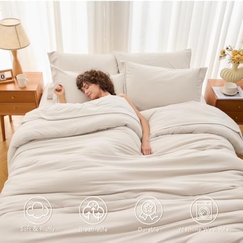 MUXHOMO Full Comforter Set 7 Pieces, Soft Bed in a Bag, Beige