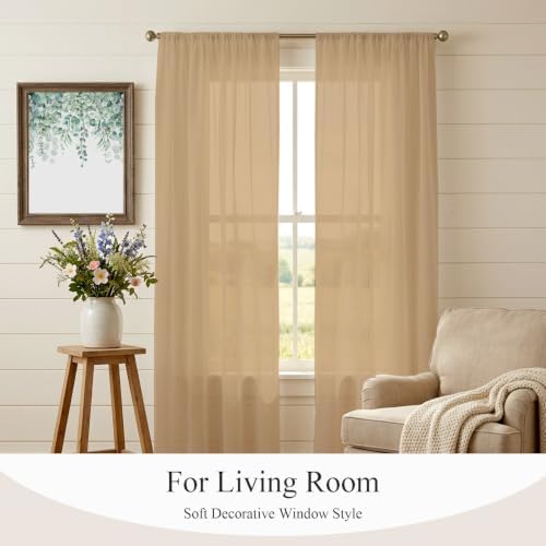 Beige Sheer Curtains 108 Inch Long 2 Panels Solid Color Beige