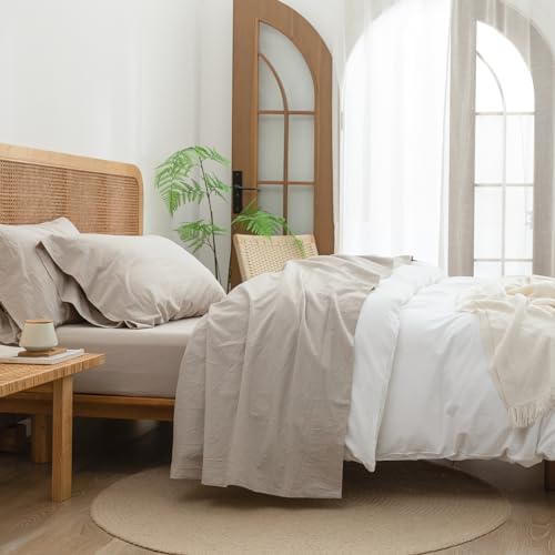 BESTOUCH 100% Washed Cotton Linen Feel Sheet Set, Solid Linen Grey